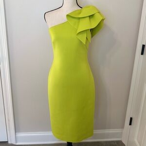 ELIZA J One Shoulder Ruffle Bodycon Scuba Dress in Lime Green. NWOT